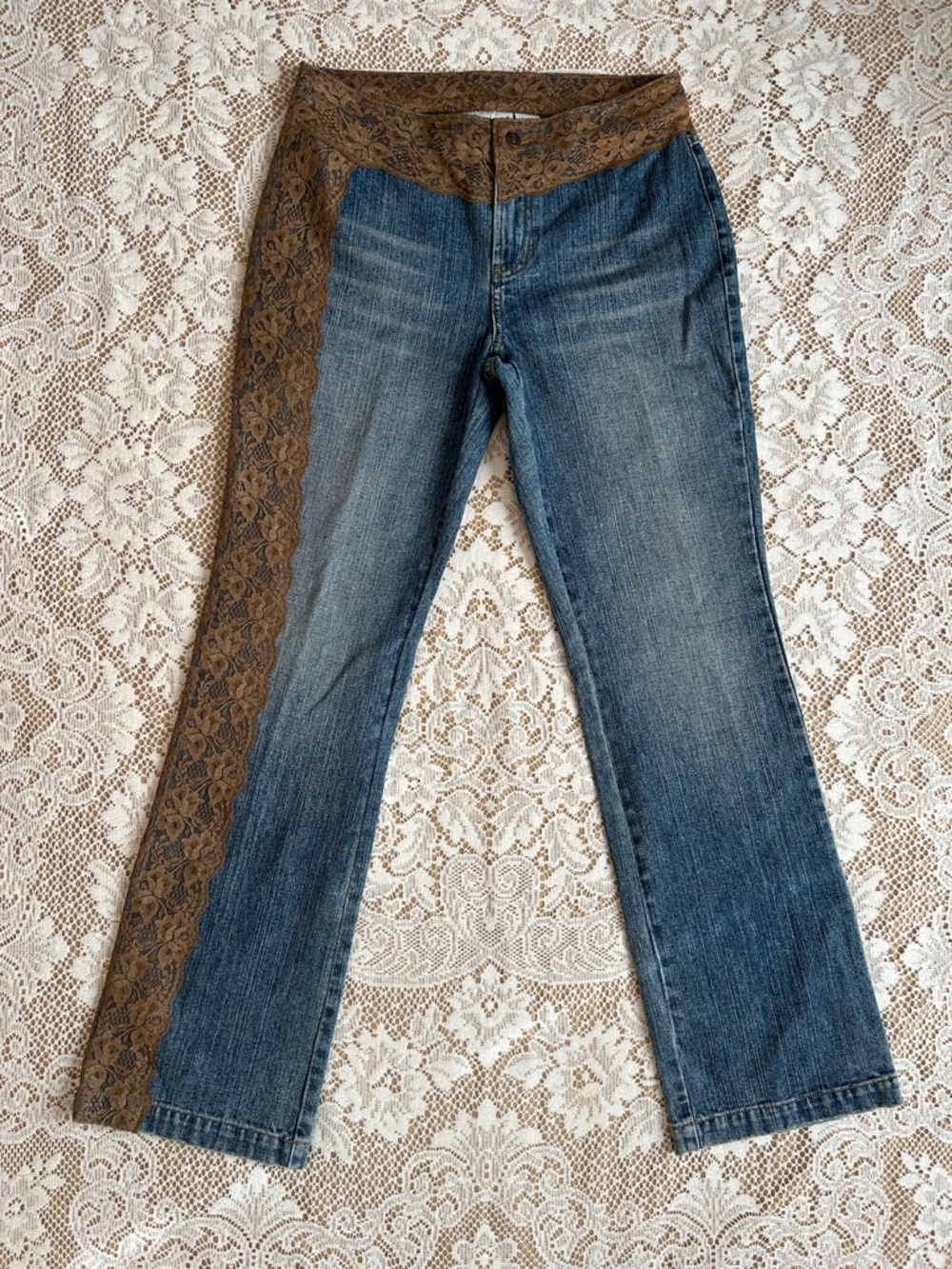 Jeanology Collection Y2K Asymmetric Lace Low Rise Jeans, Blue & Brown, Size 8